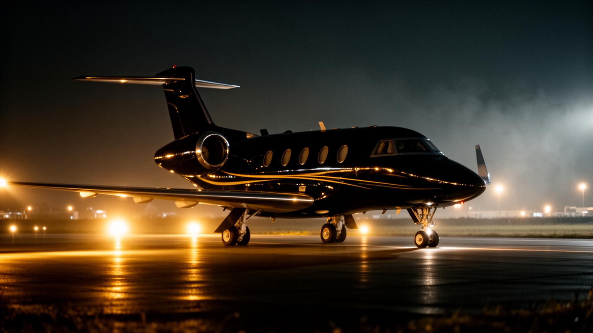 Private jet on a runway at night